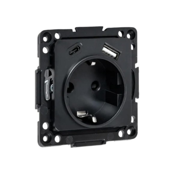 Механизм 1-местной розетки EKF Стокгольм с заземлением, USB A+C, 16А, винтовые клеммы, черный, с защитными шторками EZR16-2USB-typeA-typeC Механизм 1-местной розетки EKF Стокгольм с заземлением, USB A+C, 16А, винтовые клеммы, черный, с защитными шторками EZR16-2USB-typeA-typeC