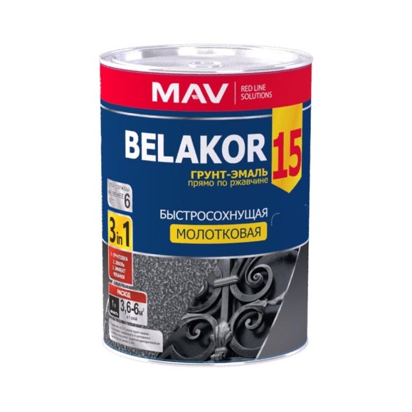 Грунт-эмаль по ржавчине MAV Belakor 15, 3в1 молотковый эффект, цвет графит 1 л (0,9 кг) 294188 Грунт-эмаль по ржавчине MAV Belakor 15, 3в1 молотковый эффект, цвет графит 1 л (0,9 кг) 294188