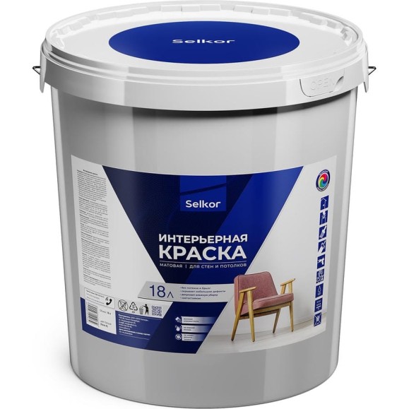 Интерьерная краска Selkor для стен и потолков, белая, 18 л/25,8 кг 75524