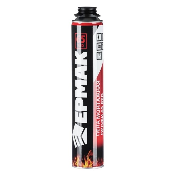 Пена монтажная ЕРМАК PROFI 65 RED fireproof огнестойкая, всесезонная, 65 л, 850 г 469-255