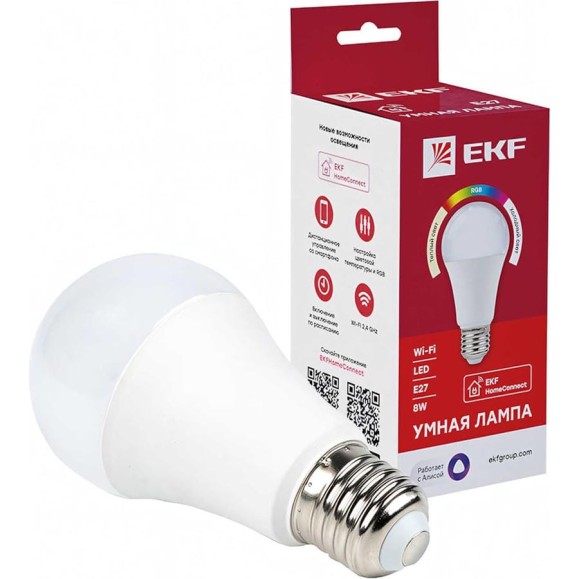 Умная LED лампа EKF HomeConnect 8W, WIFI, RGBW, E27 slwf-e27-rgbw