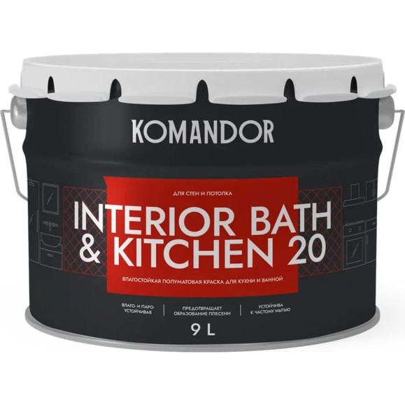Краска KOMANDOR INTERIOR BATH AND KITCHEN 20 влагостойкая, база А, 9 л 271008