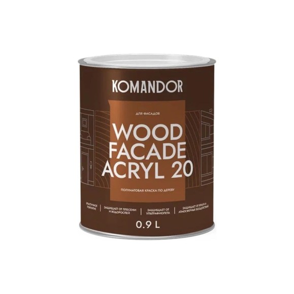 Краска по дереву KOMANDOR WOOD FACADE ACRYL 20 база А, 0.9 л 271051