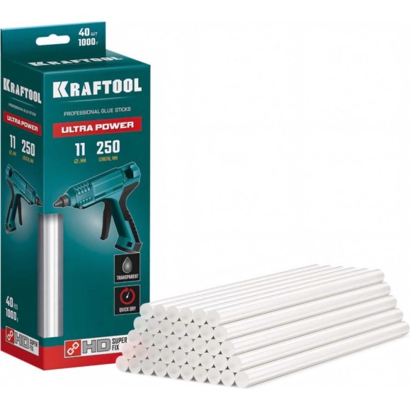 Ультрамощные прозрачные клеевые стержни KRAFTOOL Ultra Power 40 шт, 11x250 мм 06848-40