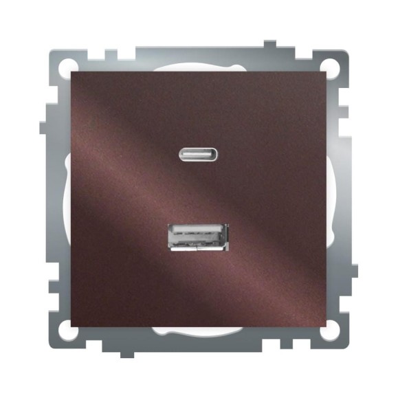 Механизм розетки 2-местной STEKKER USB + type C, GLS10-7116-04, 250В, 3А, max 20W,серия Катрин, шоколад, 50057