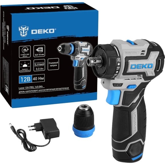 Дрель-шуруповерт аккумуляторная бесщеточная компактная DEKO Loner 12V PRO со съёмным патроном, 12В, 1x3.0Ач 085-1121 Дрель-шуруповерт аккумуляторная бесщеточная компактная DEKO Loner 12V PRO со съёмным патроном, 12В, 1x3.0Ач 085-1121