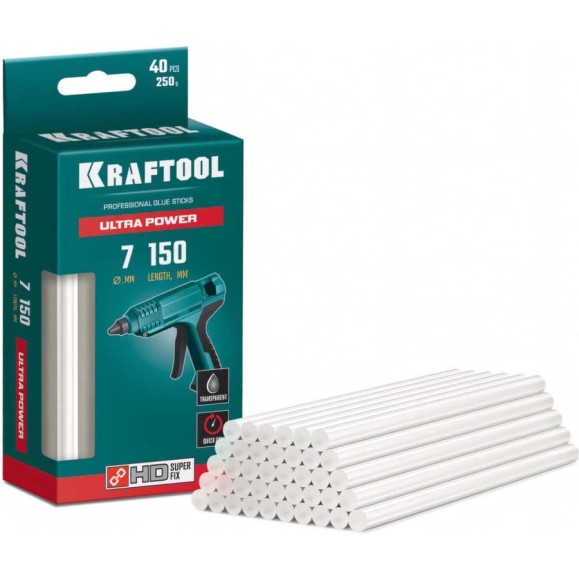 Ультрамощные прозрачные клеевые стержни KRAFTOOL Ultra Power 40 шт, 7x150 мм 06837-40