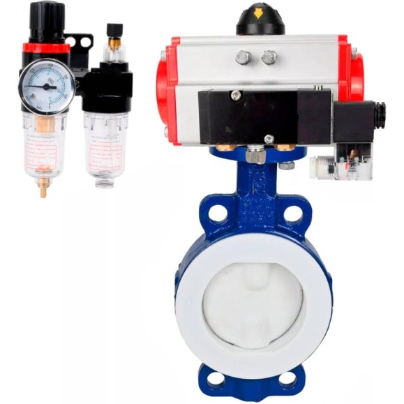 Затвор DN.ru WCB-WCB-PTFE-PTFE-Fb-R Ду250 Ру16 с пневмоприводом, пневмораспределителем, БПВ D050-60287