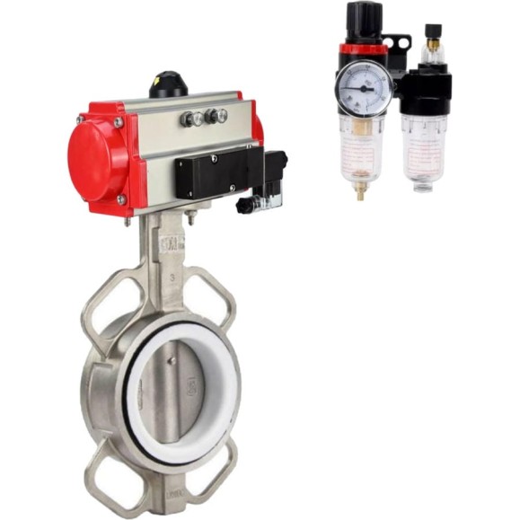 Затвор DN.ru 316L-316L-PTFE Ду80 Ру16 с пневмоприводом, пневмораспределителем, БПВ D050-63083