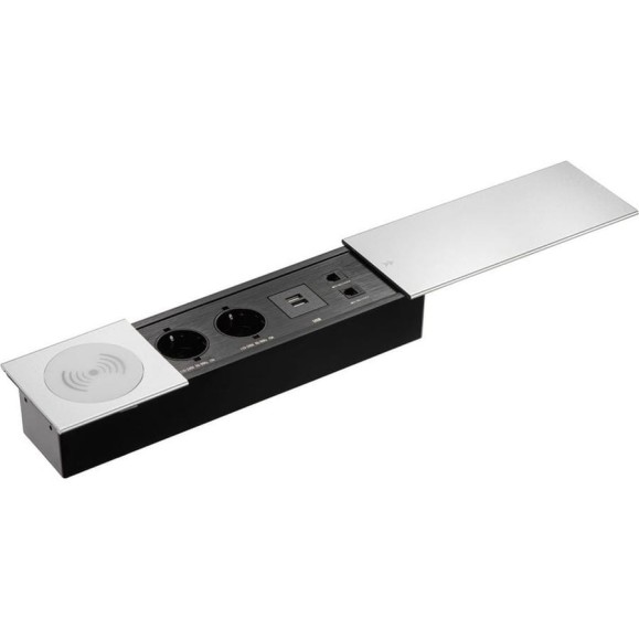 Выдвижная встраиваемая розетка Mebax JX (Slide Top) 2 секции Серебро 350х100х63мм RJ-45 + 2 USB беспр.зарядка (с каб.пит.) 00-00002892