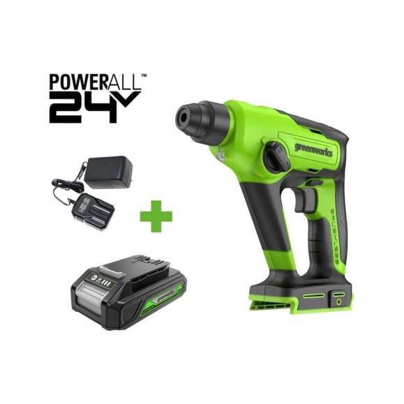 Перфоратор GreenWorks GD24SDS1, 24V, б/щет, 1.2 Дж, 4800уд/мин, 12 мм в бетоне, 1x2Ач, ЗУ, коробка 3803107VUA Перфоратор GreenWorks GD24SDS1, 24V, б/щет, 1.2 Дж, 4800уд/мин, 12 мм в бетоне, 1x2Ач, ЗУ, коробка 3803107VUA