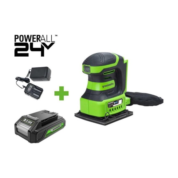 Плоская шлифовальная машина GreenWorks G24SS14, 24V, 115x140мм, 5500 об/мин, ампл. 1,6 мм, 1x2Ач,ЗУ, коробка 3100507VUA Плоская шлифовальная машина GreenWorks G24SS14, 24V, 115x140мм, 5500 об/мин, ампл. 1,6 мм, 1x2Ач,ЗУ, коробка 3100507VUA