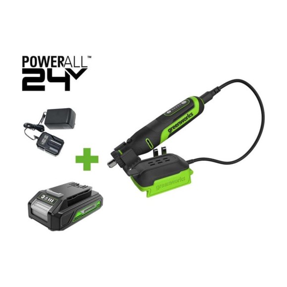 Гравер GreenWorks G24RT, 24V, б/щет, цанги 2.4/3.2мм, 6500–35000 об/мин, оснастка 52 шт, 1x2Ач,ЗУ, сумка, коробка 3200807VUA Гравер GreenWorks G24RT, 24V, б/щет, цанги 2.4/3.2мм, 6500–35000 об/мин, оснастка 52 шт, 1x2Ач,ЗУ, сумка, коробка 3200807VUA
