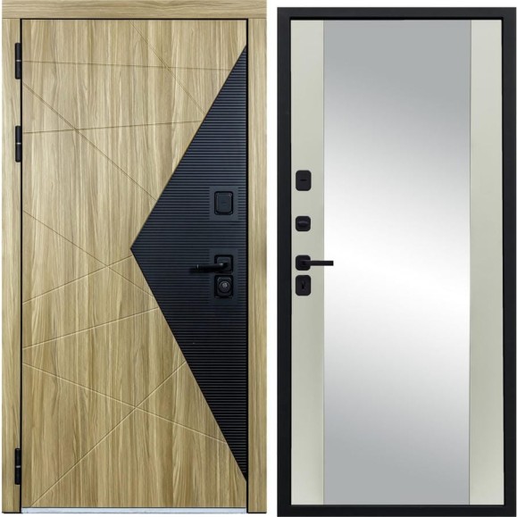 Дверь DIVA 77 Зеркало 2050x960 Левая Черный-Дуб янтарный - Д15 Софт шампань УТ-00083484