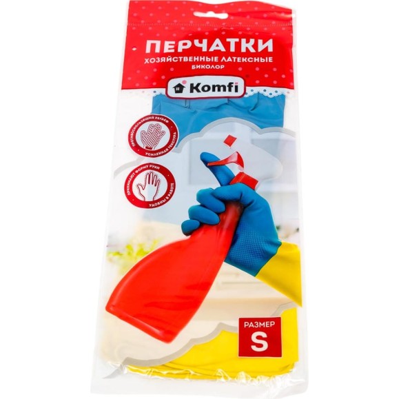 Хозяйственные латексные перчатки Komfi БИКОЛОР, S, синий+желтый 120784 Хозяйственные латексные перчатки Komfi БИКОЛОР, S, синий+желтый 120784