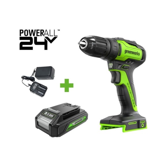 Бесщеточная дрель-шуруповерт GreenWorks GD24DD35, 24В, 29/35 Нм, 1x2Ач,ЗУ, 3704007VUA Бесщеточная дрель-шуруповерт GreenWorks GD24DD35, 24В, 29/35 Нм, 1x2Ач,ЗУ, 3704007VUA