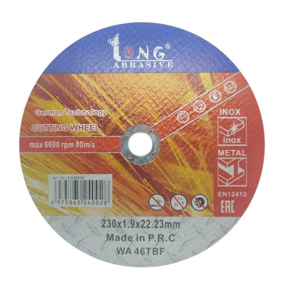 Отрезной круг по металлу Long Abrasive WA46TBF 230x1.9x22.23мм, T41 (прямой) D286456 Отрезной круг по металлу Long Abrasive WA46TBF 230x1.9x22.23мм, T41 (прямой) D286456