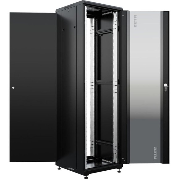 Шкаф напольный NTSS универсальный серверный R 47U 600х600мм, 4 профиля 19, двери стекло и сплошная металл, боковые стенки съемные, регулируемые опоры, разобранный, черный RAL 9005 NTSS-R47U6060GS-BL