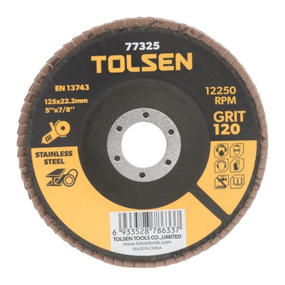 Круг шлифовальный лепестковый 125x22.2 мм, P120, цирконий TOLSEN 77325 Круг шлифовальный лепестковый 125x22.2 мм, P120, цирконий TOLSEN 77325