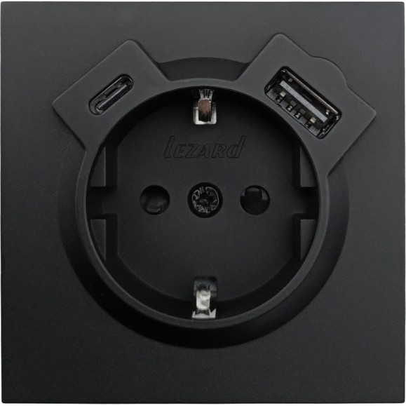 Розетка Lezard ZIMA с заземлением TC + USB разъем, черный бархат 704-4288-181TC