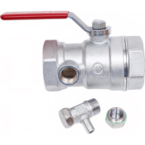 Шаровой кран Giacomini R250DS 1 1/4, ВВ, ручка-рычаг красный, хромированный, со сливом R250SX006