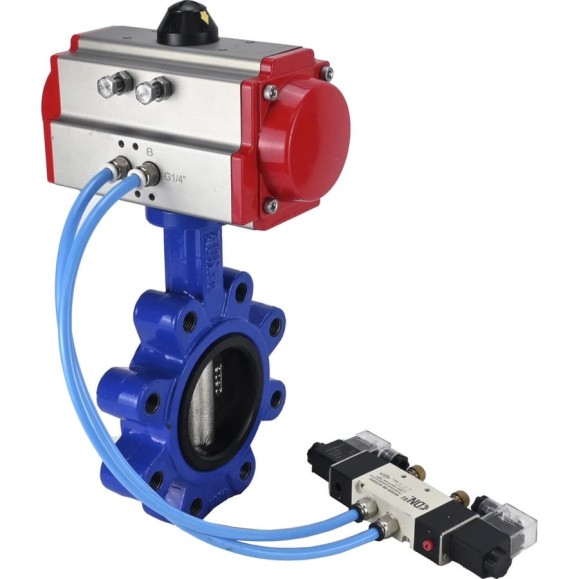 Затвор DN.ru QT450-304-NBR-2W-Fb-H Ду125 Ру16 LUG пневмопривод, пн.распределитель D050-50283 Затвор DN.ru QT450-304-NBR-2W-Fb-H Ду125 Ру16 LUG пневмопривод, пн.распределитель D050-50283