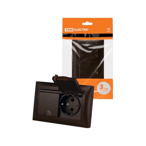 Розетка двойная TDM ELECTRIC 2П+З, 16А, 250В, IP44, с защитными шторками, с крышкой, шоколад, Лама TDM SQ1815-0560