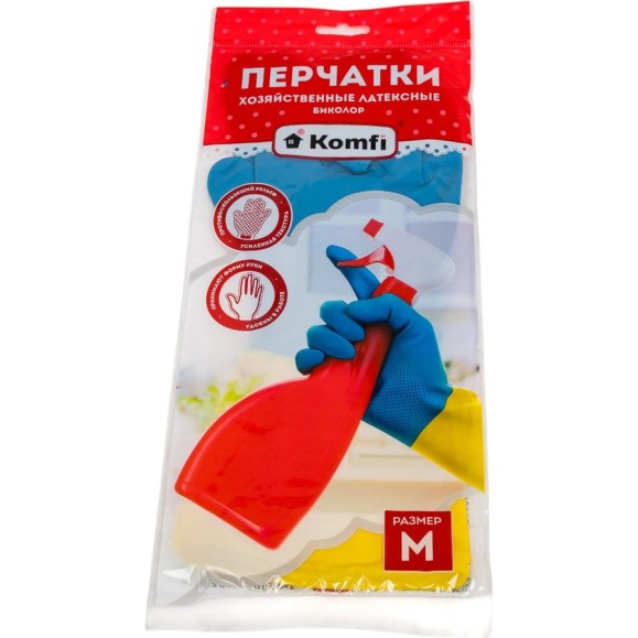 Хозяйственные латексные перчатки Komfi БИКОЛОР M, синий+желтый 120785 Хозяйственные латексные перчатки Komfi БИКОЛОР M, синий+желтый 120785