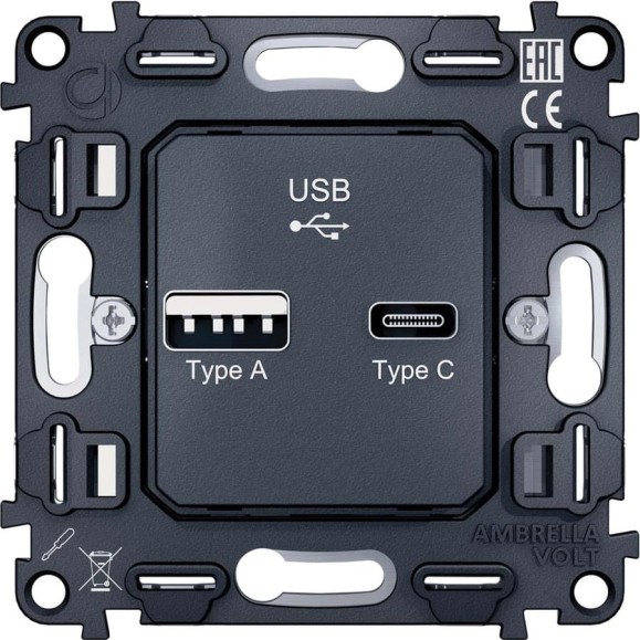 Механизм розетки Ambrella VOLT 2USB A+C 20W быстрая зарядка VM177
