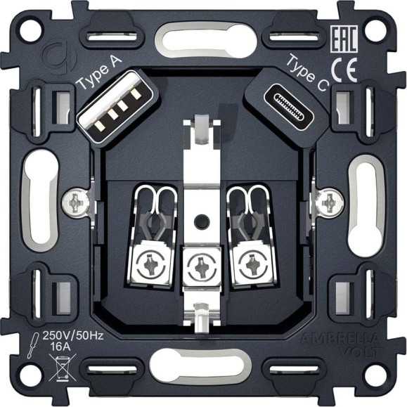 Механизм электрической розетки Ambrella VOLT 2USB A+C 20W быстрая зарядка с заземлением на винтовых зажимах 16A 250V VM160 Механизм электрической розетки Ambrella VOLT 2USB A+C 20W быстрая зарядка с заземлением на винтовых зажимах 16A 250V VM160