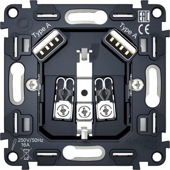 Механизм электрической розетки Ambrella VOLT 2USB A+A 18W быстрая зарядка с заземлением на винтовых зажимах 16A 250V VM155 Механизм электрической розетки Ambrella VOLT 2USB A+A 18W быстрая зарядка с заземлением на винтовых зажимах 16A 250V VM155