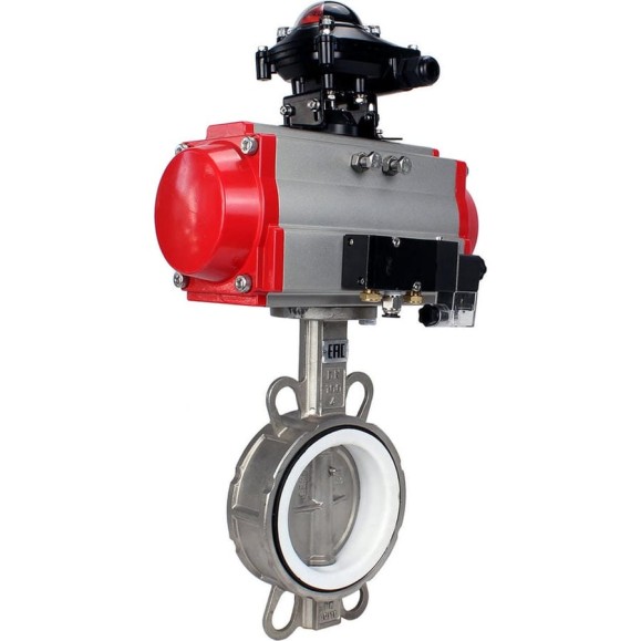 Затвор DN.ru 316L-316L-PTFE Ду65 Ру16 с пневмоприводом, пневмораспределителем, БКВ D050-00202
