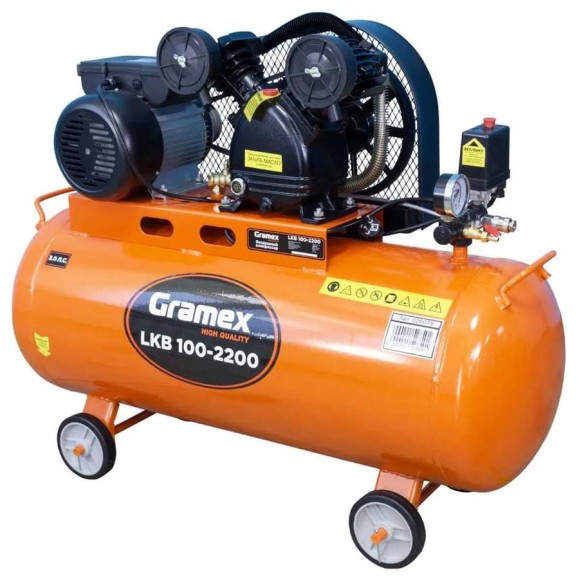 Воздушный компрессор GRAMEX LKB 100-2200 400л/мин, объем100л, 2.2кВт, 8бар, 2850об/мин 020079