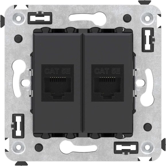 Компьютерная розетка DKC RJ 45, без шторки, в стену, кат.5е, двойная, Avanti, Черный матовый, 1 шт. 4412664