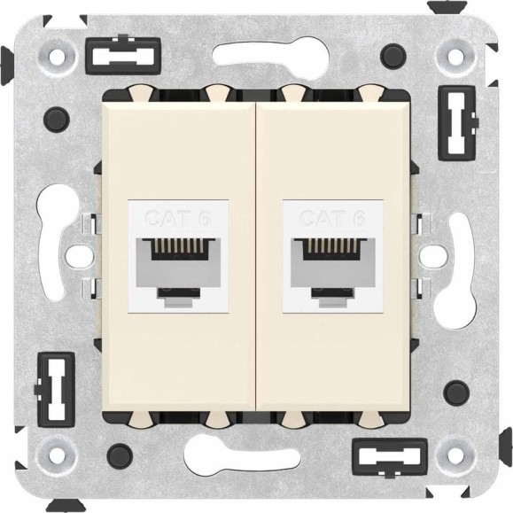 Компьютерная розетка DKC RJ 45, без шторки, в стену, кат.6, двойная, Avanti, Ванильная дымка, 1 шт. 4405694