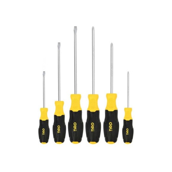 Набор отверток DELI 6 шт DL630006N (SL5/PH1x75 + SL5/PH1x100 + SL6/PH2x150, сталь Cr-V, двухкомпонентная прорезиненная рукоять) 183596