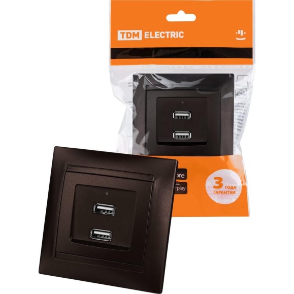Розетка TDM ELECTRIC 2USB порт 2,1А 5В шоколад Лама TDM SQ1815-0541