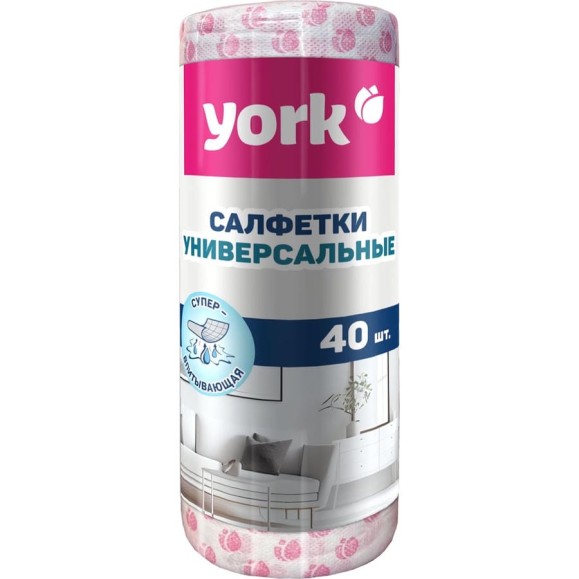 Салфетки вискозные YORK Тюльпан Премиум в рулоне 40шт. (25x40 см) 020480