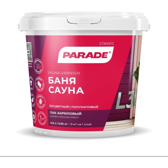 Лак для саун акриловый PARADE L30 Сауна & Баня п/мат 0,9 л Россия 90003239880