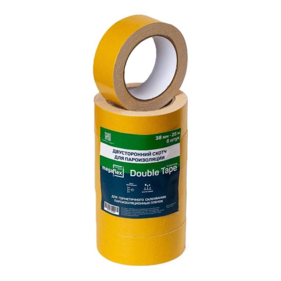Двусторонний скотч для пароизоляции Megaflex Double Tape «Выгодная упаковка» 6 шт. х 38 мм х 25 м MEGDO.38.150