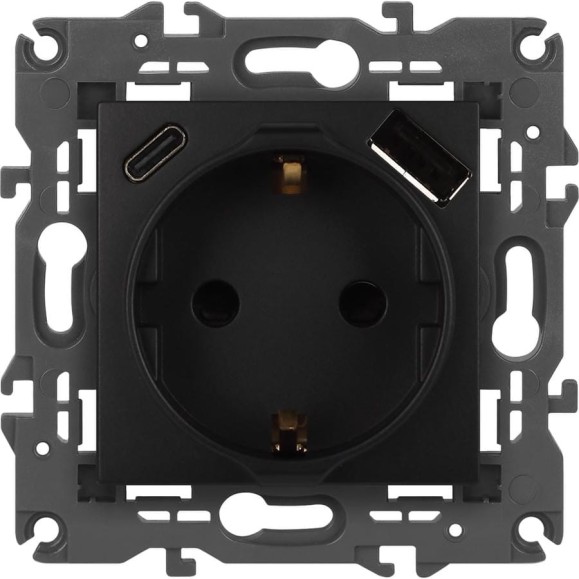 Розетка ЭРА Elegance 14-4108-05 2PE 16A250В со шторками с USB typeAC 5В3А антрацит Б0067724