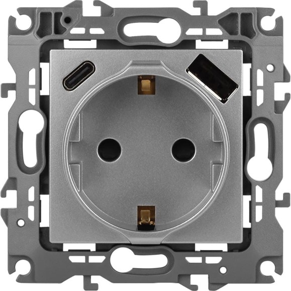 Розетка ЭРА Серия 12 12-4108-03 2PE 16A250В со шторками с USB typeAC 5В3А алюминий Б0067716
