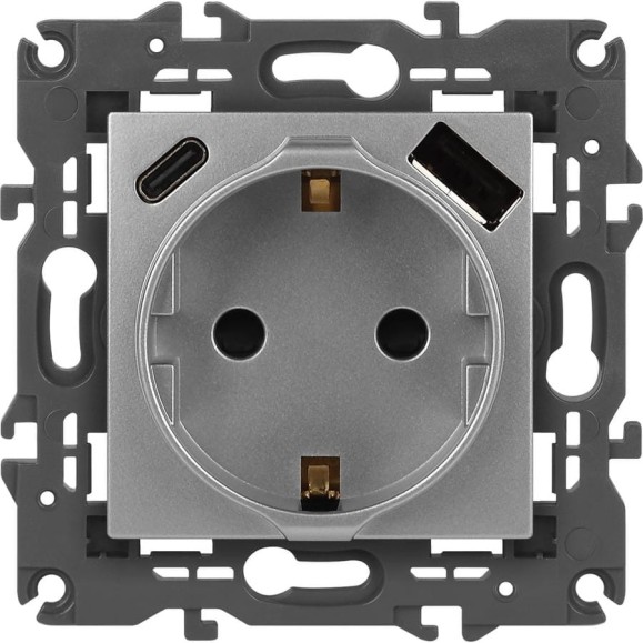 Розетка ЭРА Elegance 14-4108-03 2PE 16A250В со шторками с USB typeAC 5В3А алюминий Б0067741