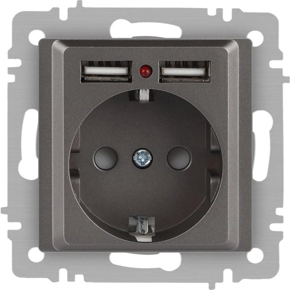 Розетка Intro Accent 6-410-09 PE Schuko со шторками, 16А250В 2хUSB, IP20, СУ, титан Б0063711