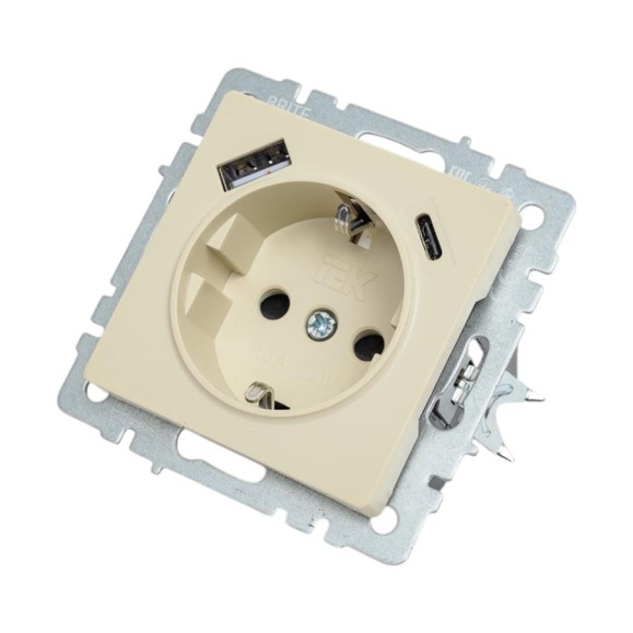 1-местная розетка IEK Brite с заземлением с защитными шторками 16а с usb a+c 18вт рюш11-1-бркр бежевый BR-R14-16-U22-018-K10 1-местная розетка IEK Brite с заземлением с защитными шторками 16а с usb a+c 18вт рюш11-1-бркр бежевый BR-R14-16-U22-018-K10