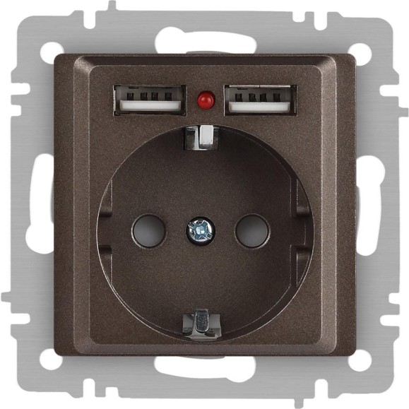 Розетка Intro Accent 641008, PE Schuko со шторками, 16А 250В 2хUSB, IP20, СУ, бронза Б0063704