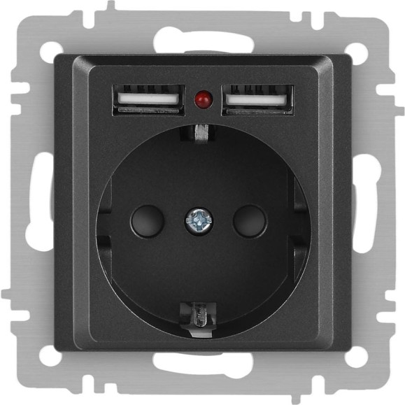 Розетка Intro Accent 641007 PE Schuko со шторками, 16А 250В 2хUSB, IP20, СУ, графит Б0063702