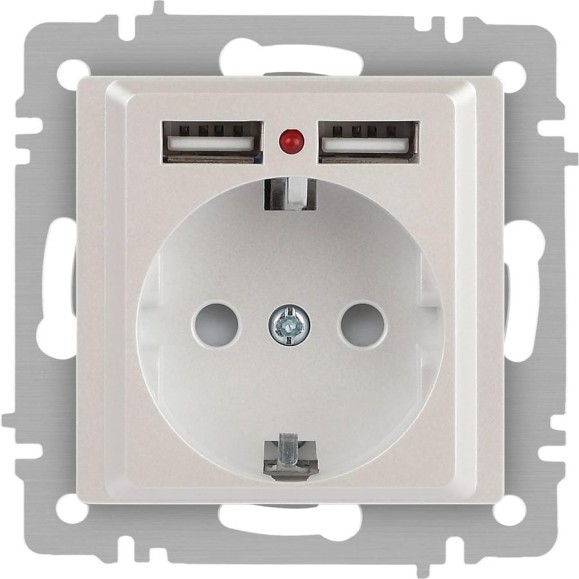 Розетка Intro Accent 641006, PE Schuko со шторками, 16А 250В 2хUSB, IP20, СУ, перламутр Б0063700