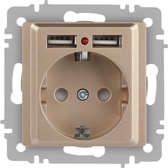 Розетка Intro Accent 641004, PE Schuko со шторками, 16А 250В 2хUSB, IP20, СУ, шампань Б0063696
