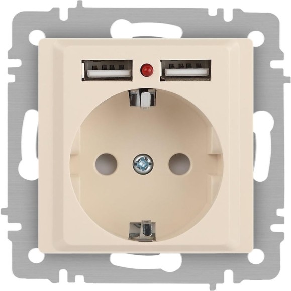 Розетка Intro Accent 641002, PE Schuko со шторками, 16А 250В 2хUSB, IP20, СУ, слоновая кость Б0063692